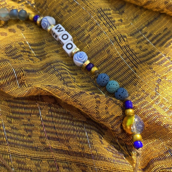 Handmade Blue & Gold WITCHY WOO Wrap Bracelet w New & Upcycled Beads - Picture 4 of 6